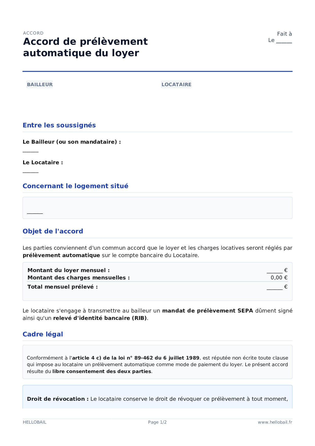 Accord de prélèvement automatique du loyer