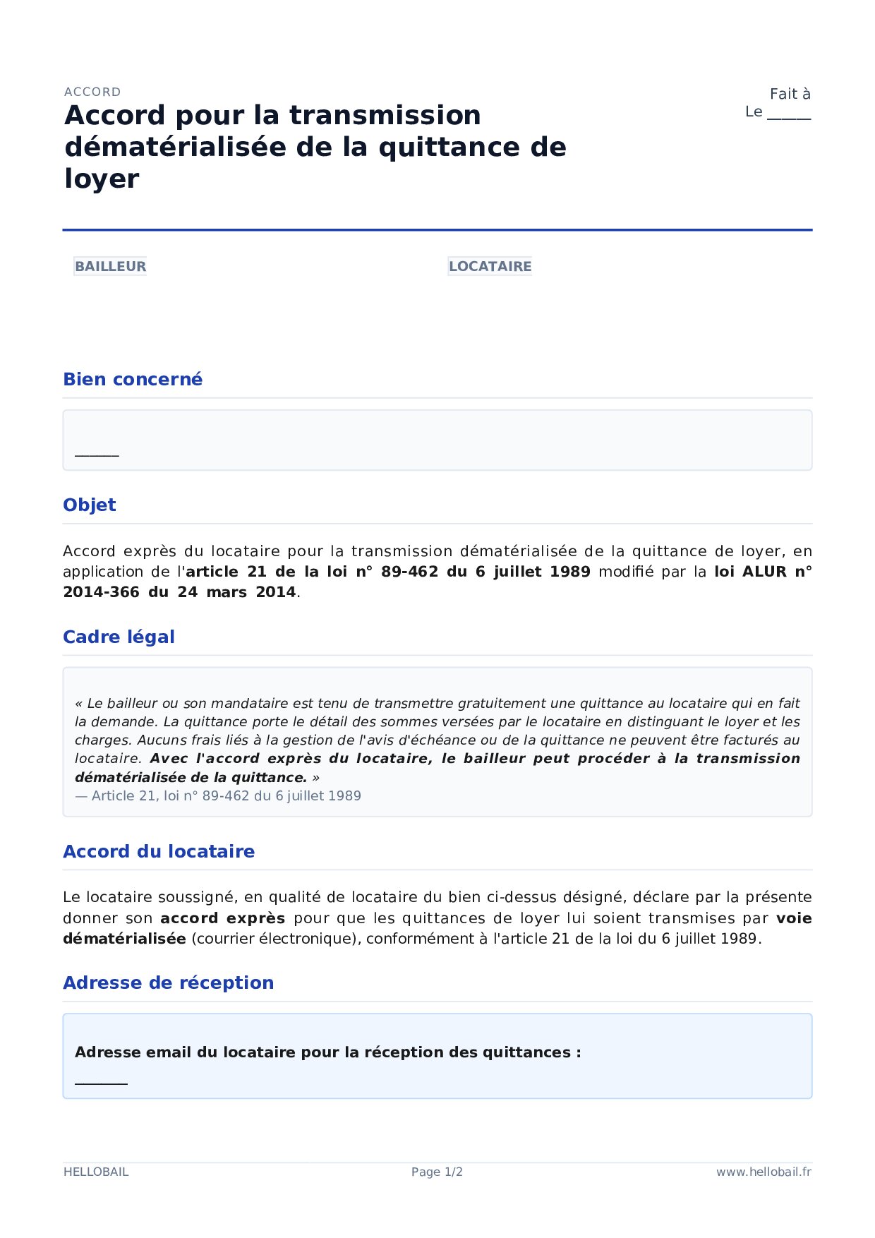 Accord pour la transmission dématérialisée de la quittance