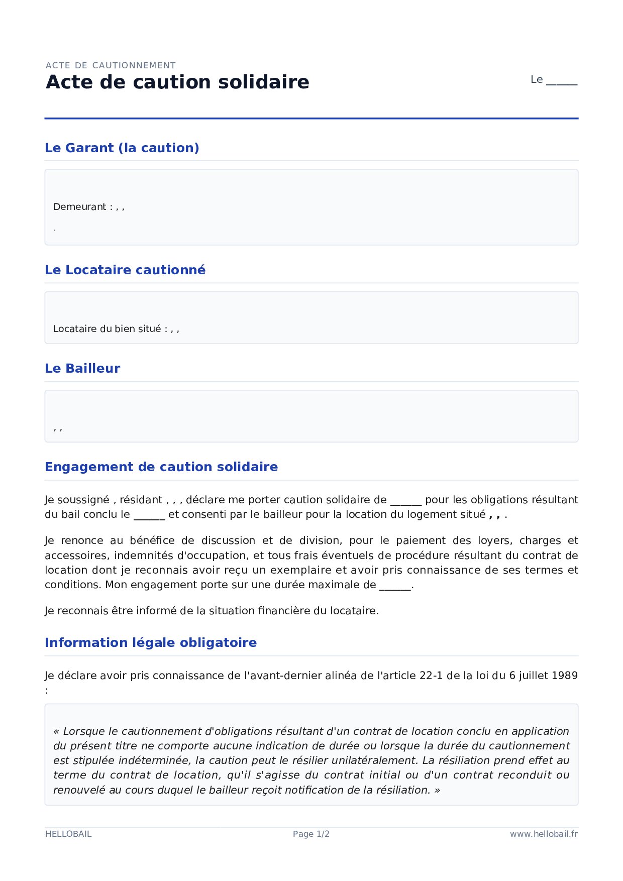 Acte de caution solidaire