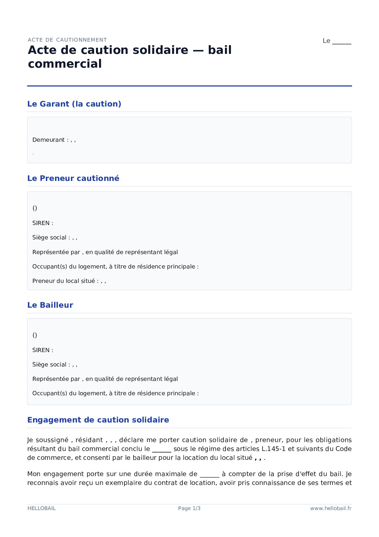 Aperçu du document Acte de caution solidaire (bail commercial ou professionnel)
