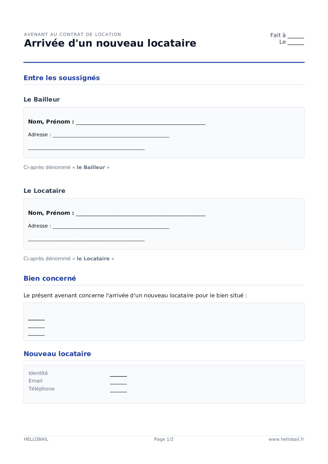 Avenant d'arrivée d'un nouveau locataire