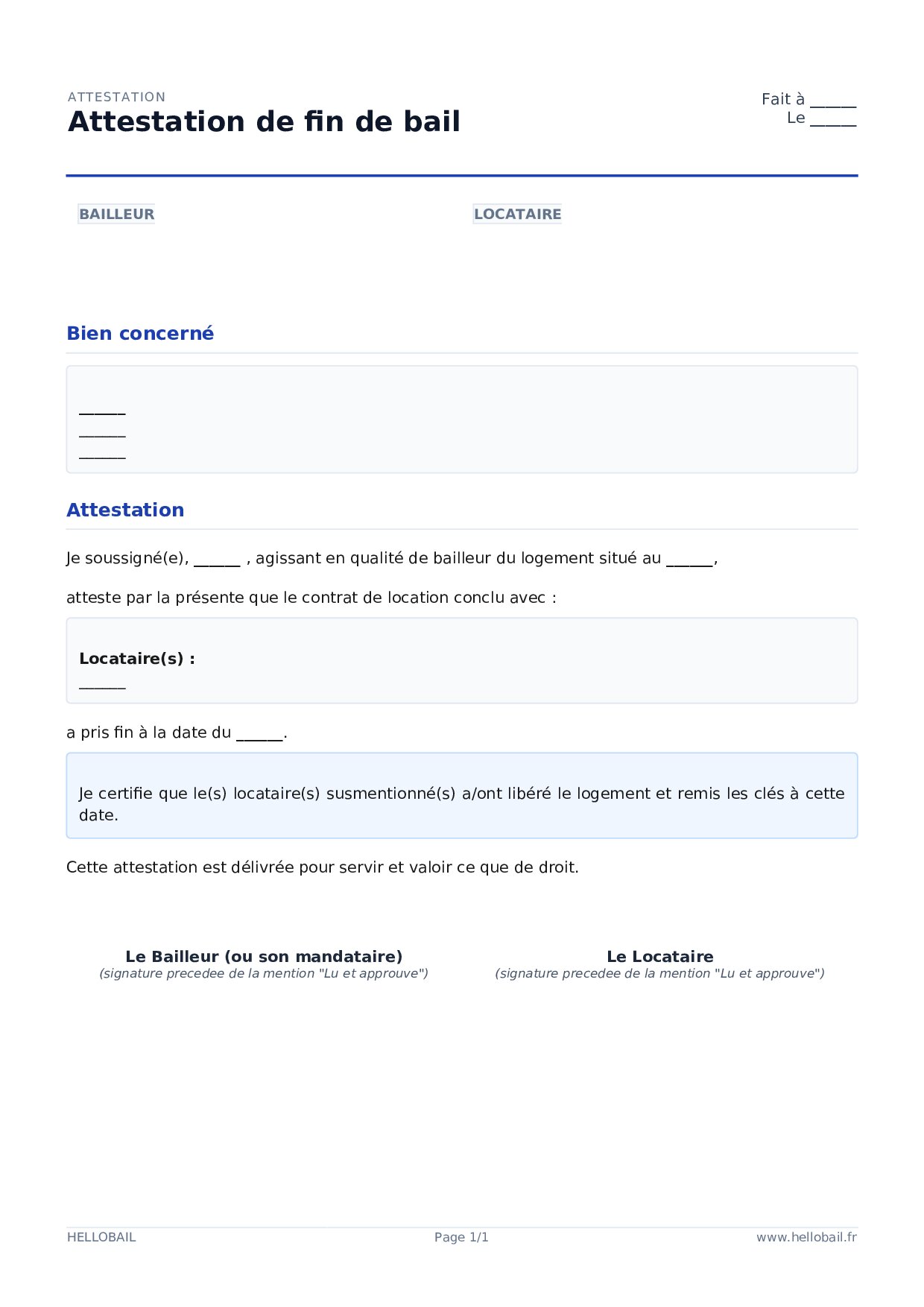 Attestation de fin de bail