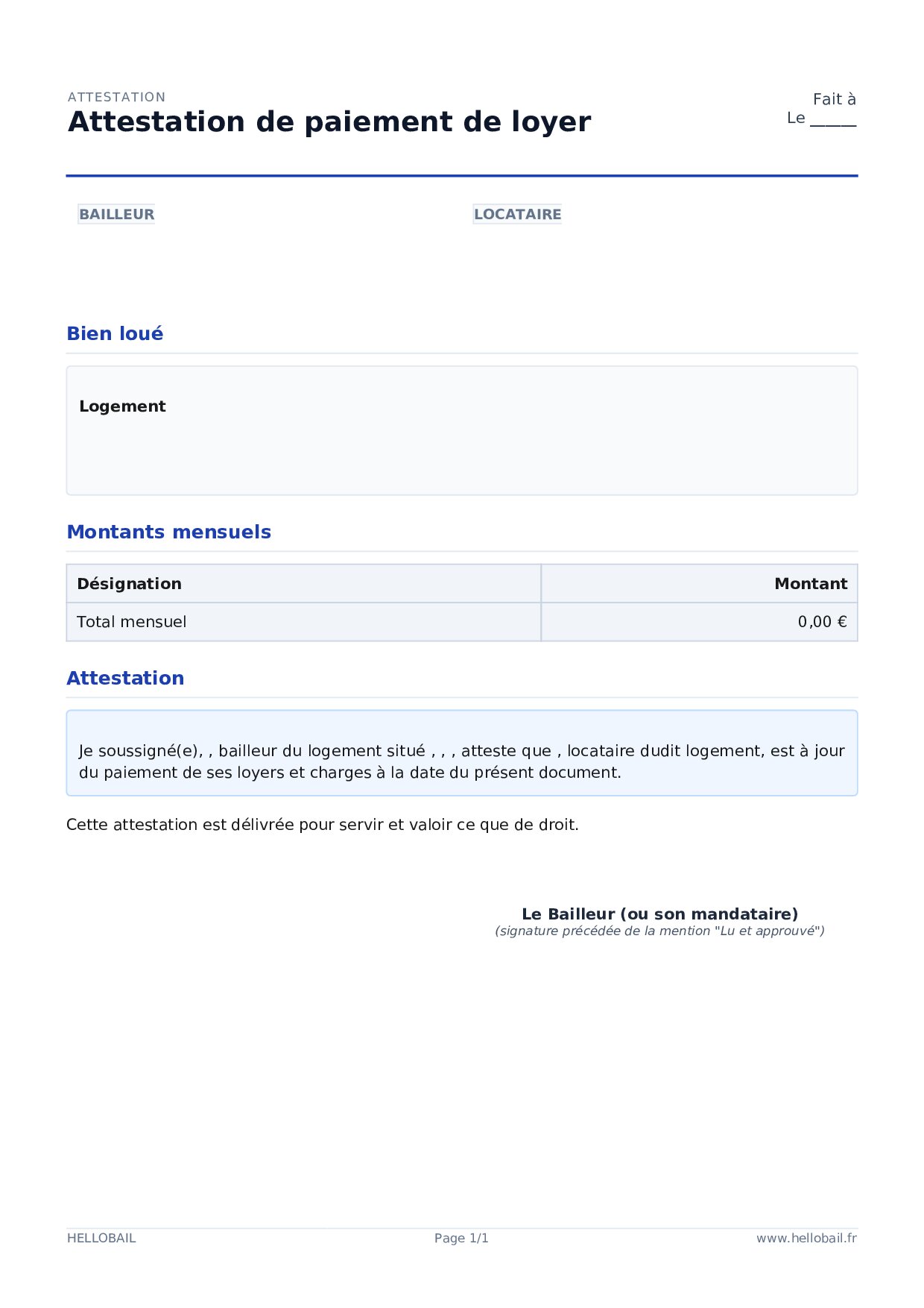 Attestation de paiement de loyer