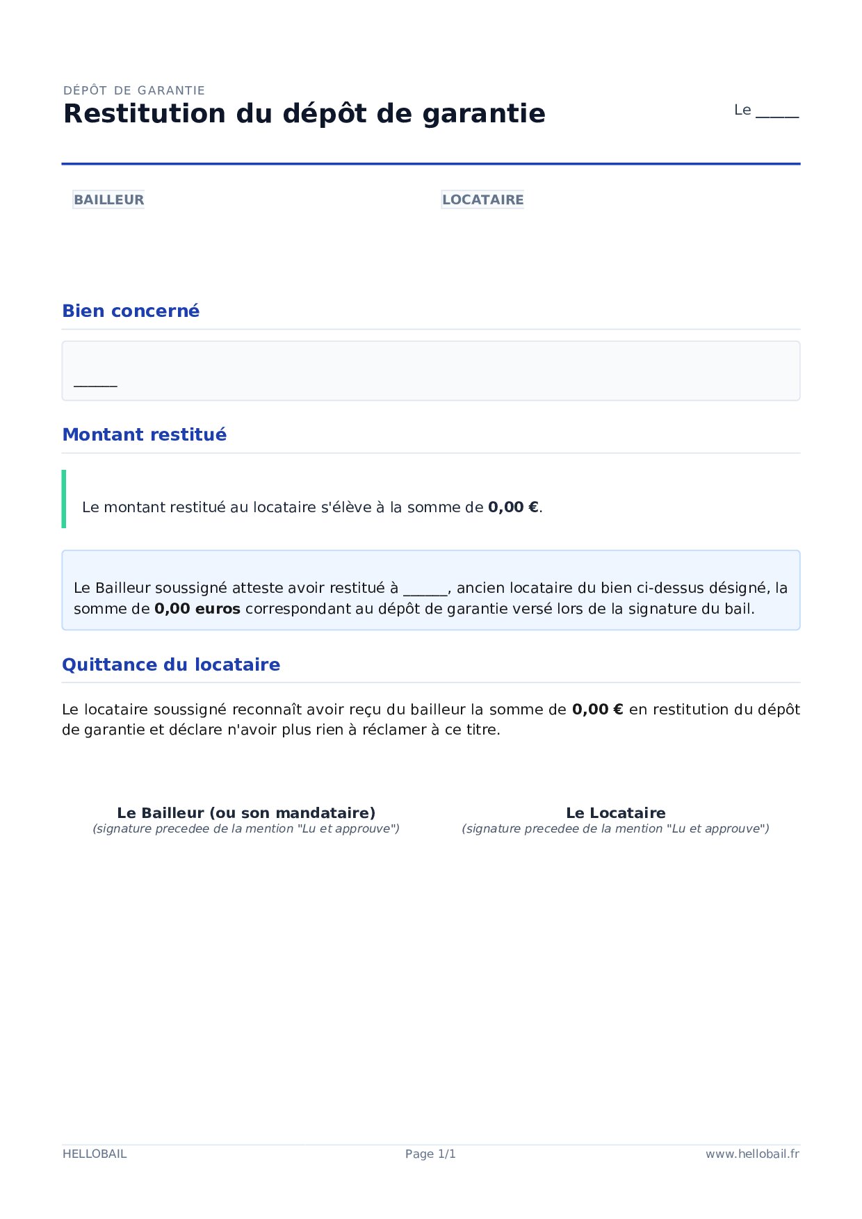 Attestation de restitution du dépôt de garantie