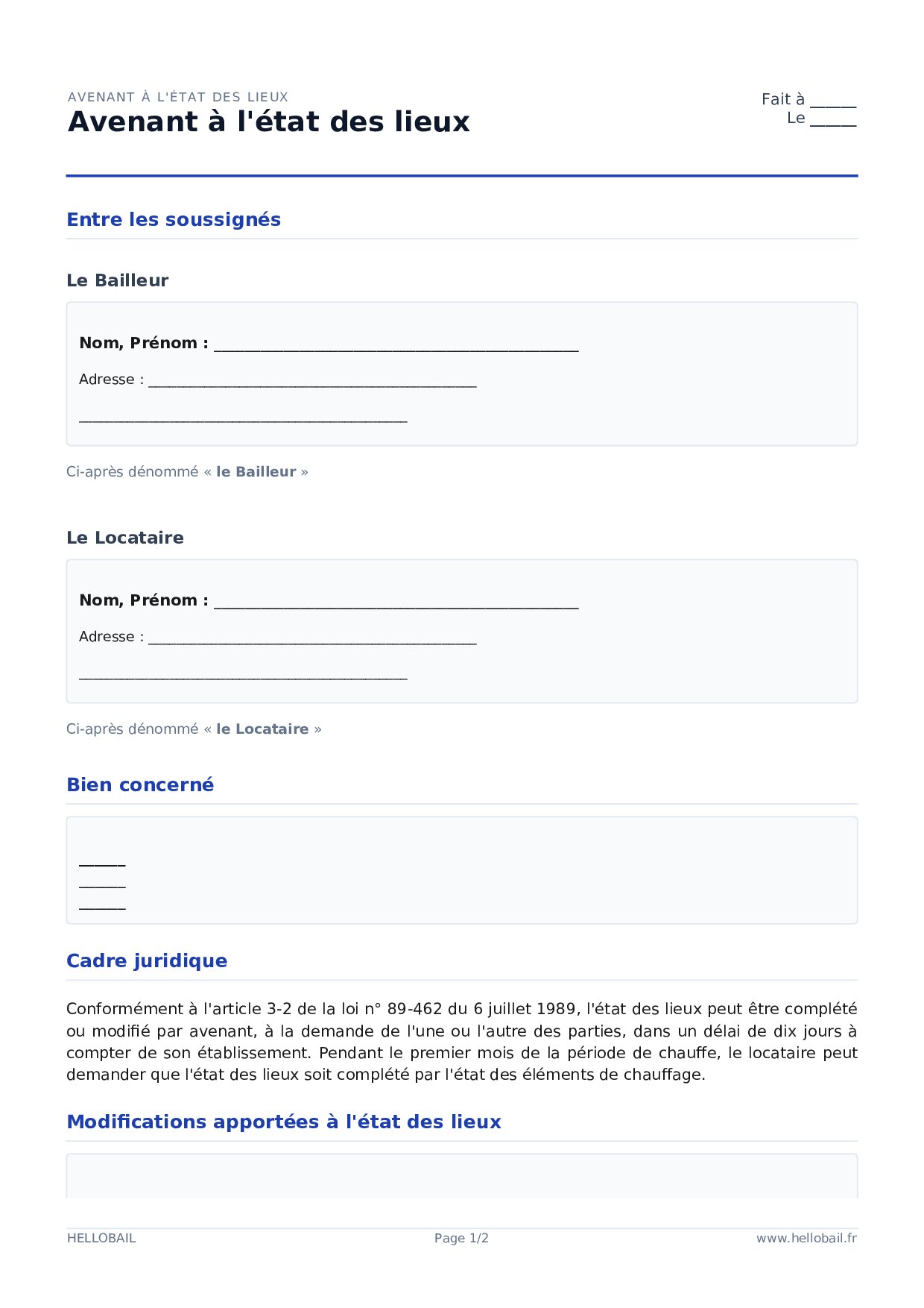 Avenant à l'état des lieux
