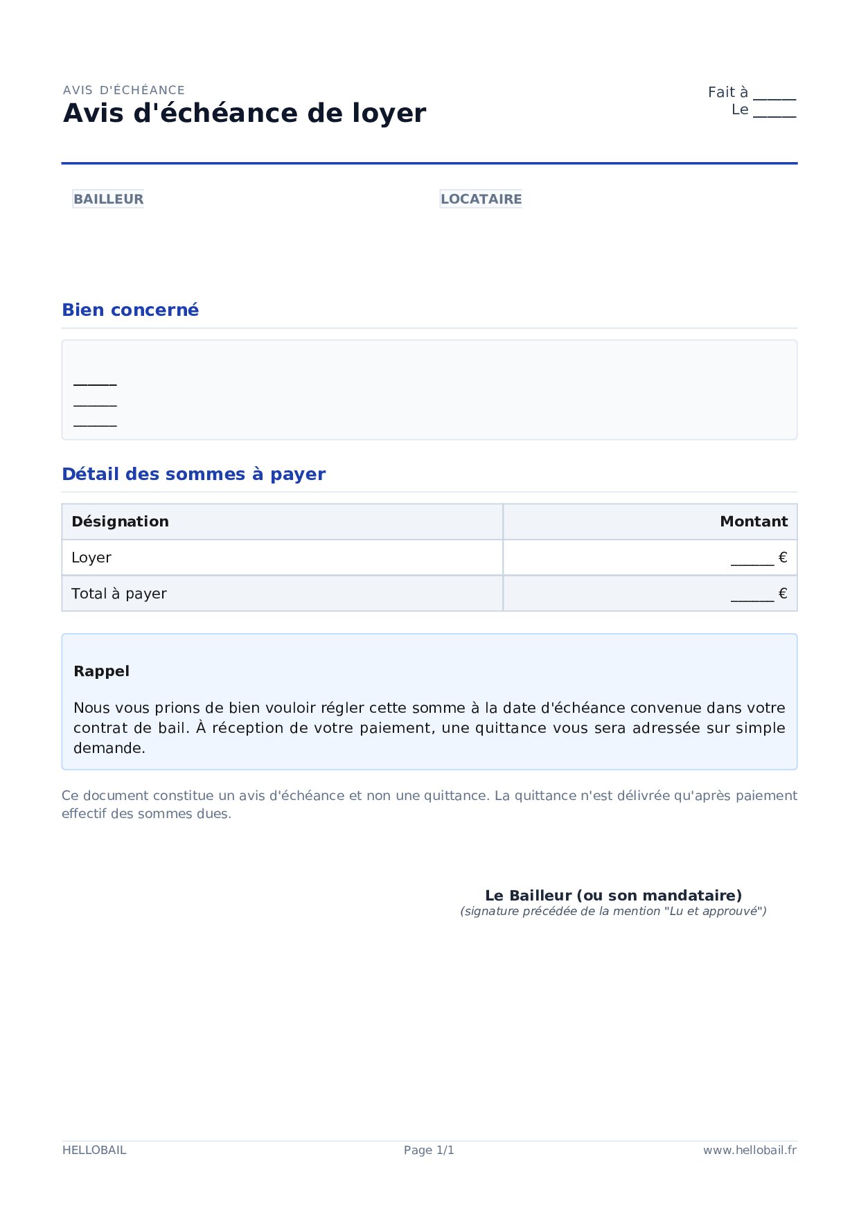 Avis d'échéance de loyer