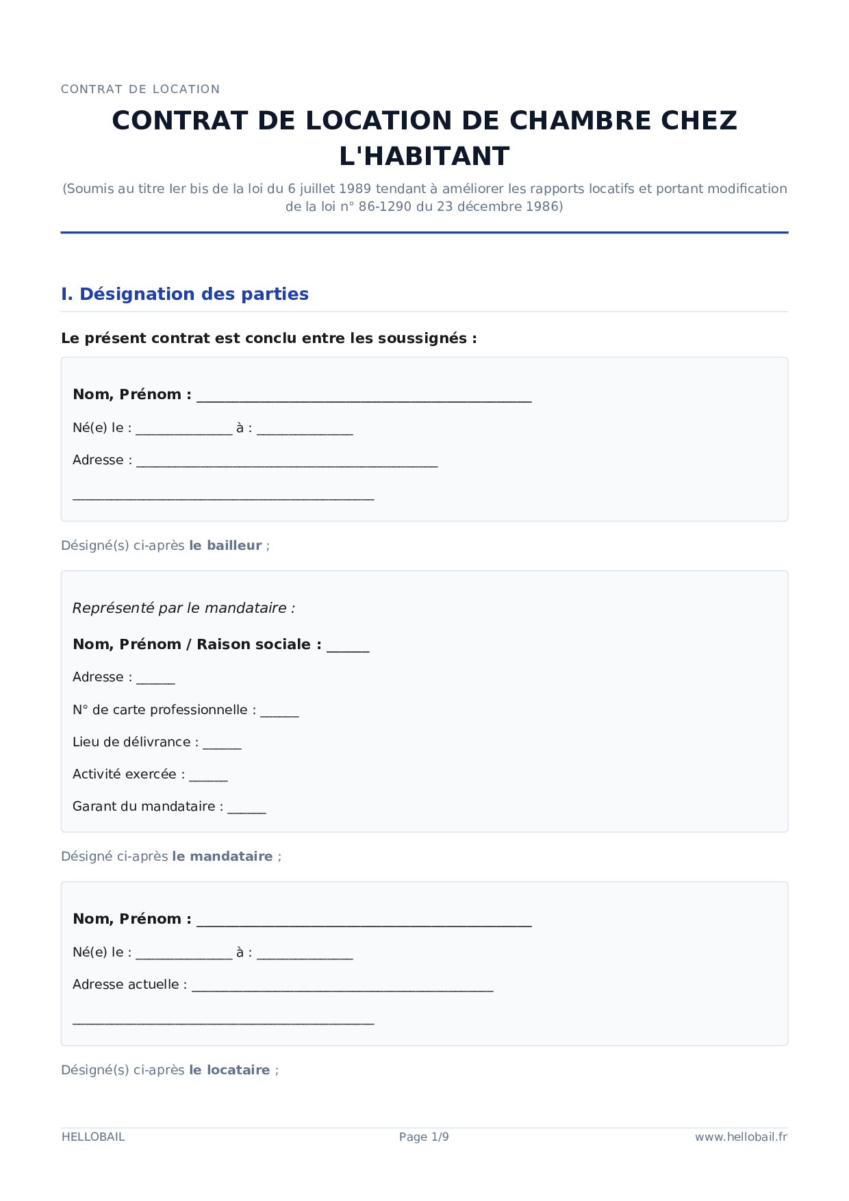 Bail chambre chez l'habitant