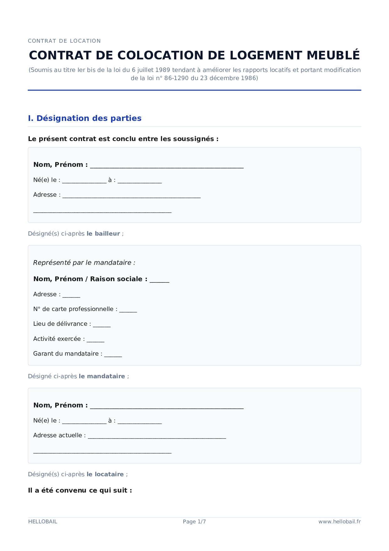 Contrat de colocation meublée