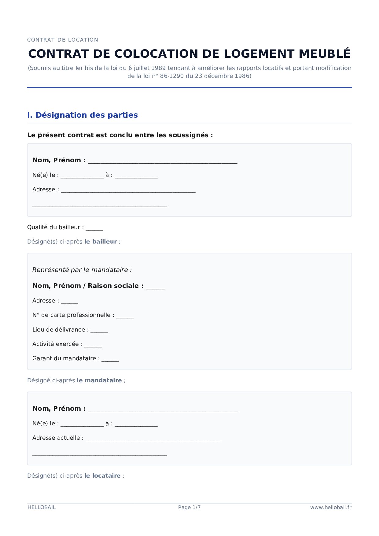 Contrat de colocation meublée