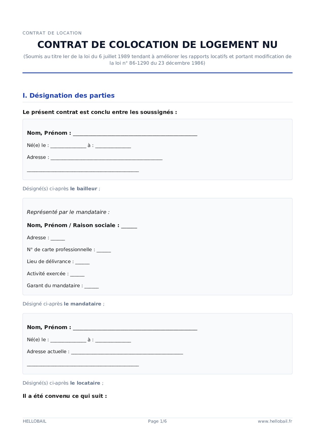 Contrat de colocation vide