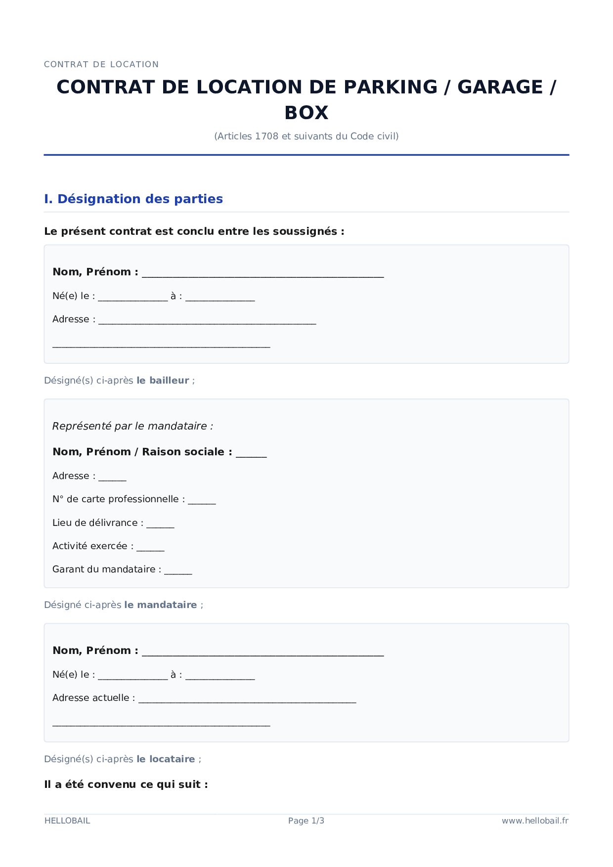 Contrat de location parking / garage / box