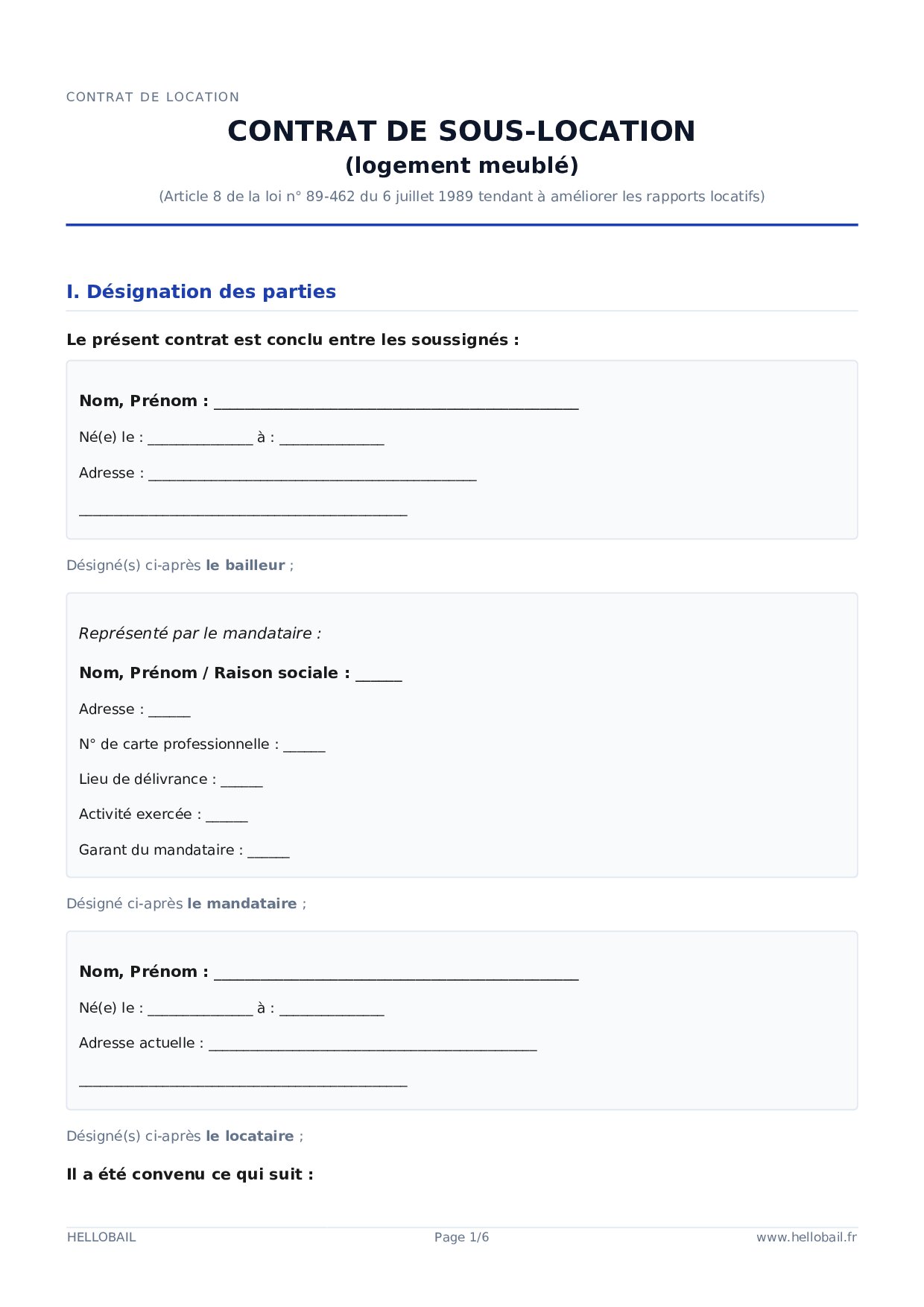 Contrat de sous-location meublée