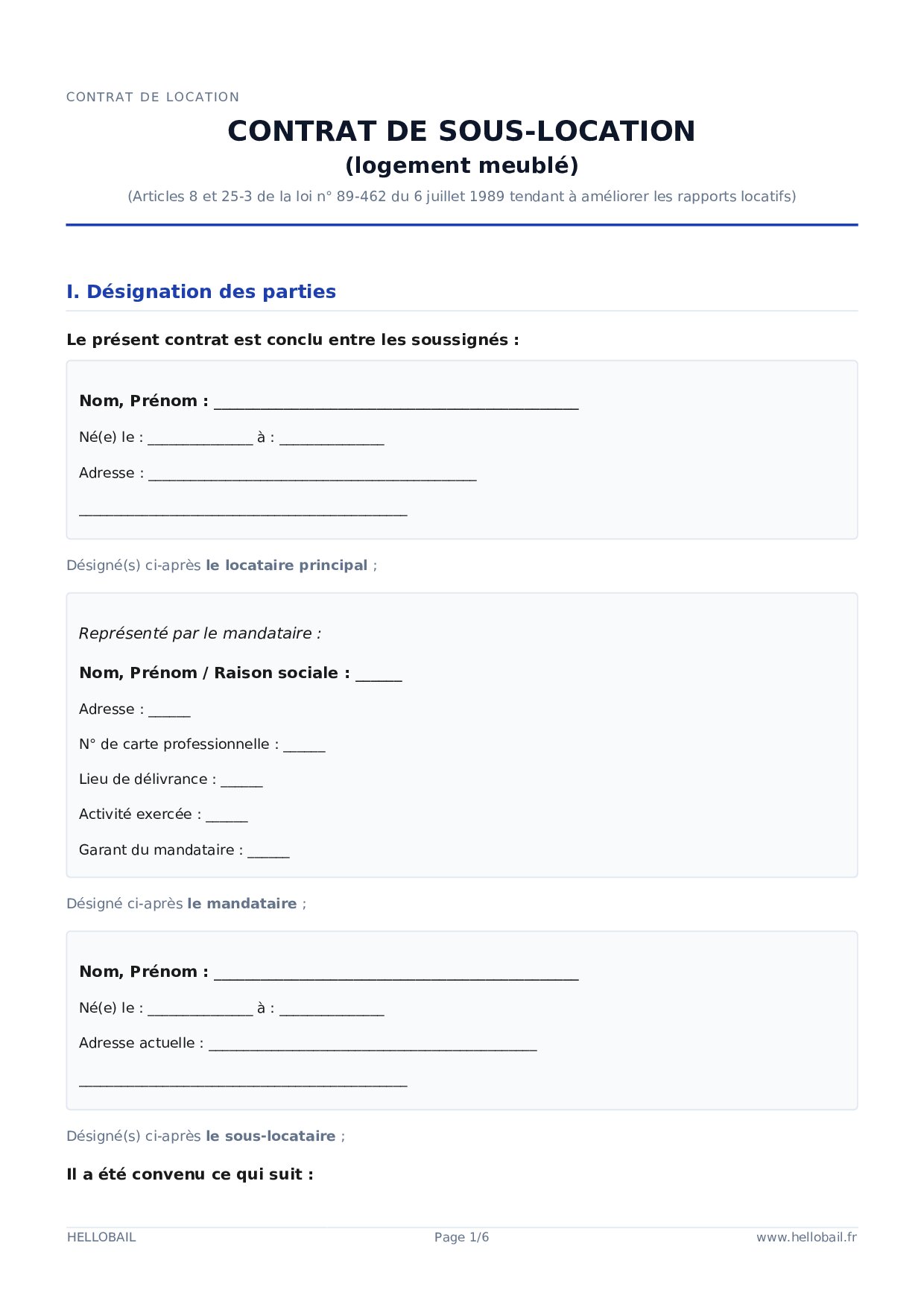 Contrat de sous-location meublée
