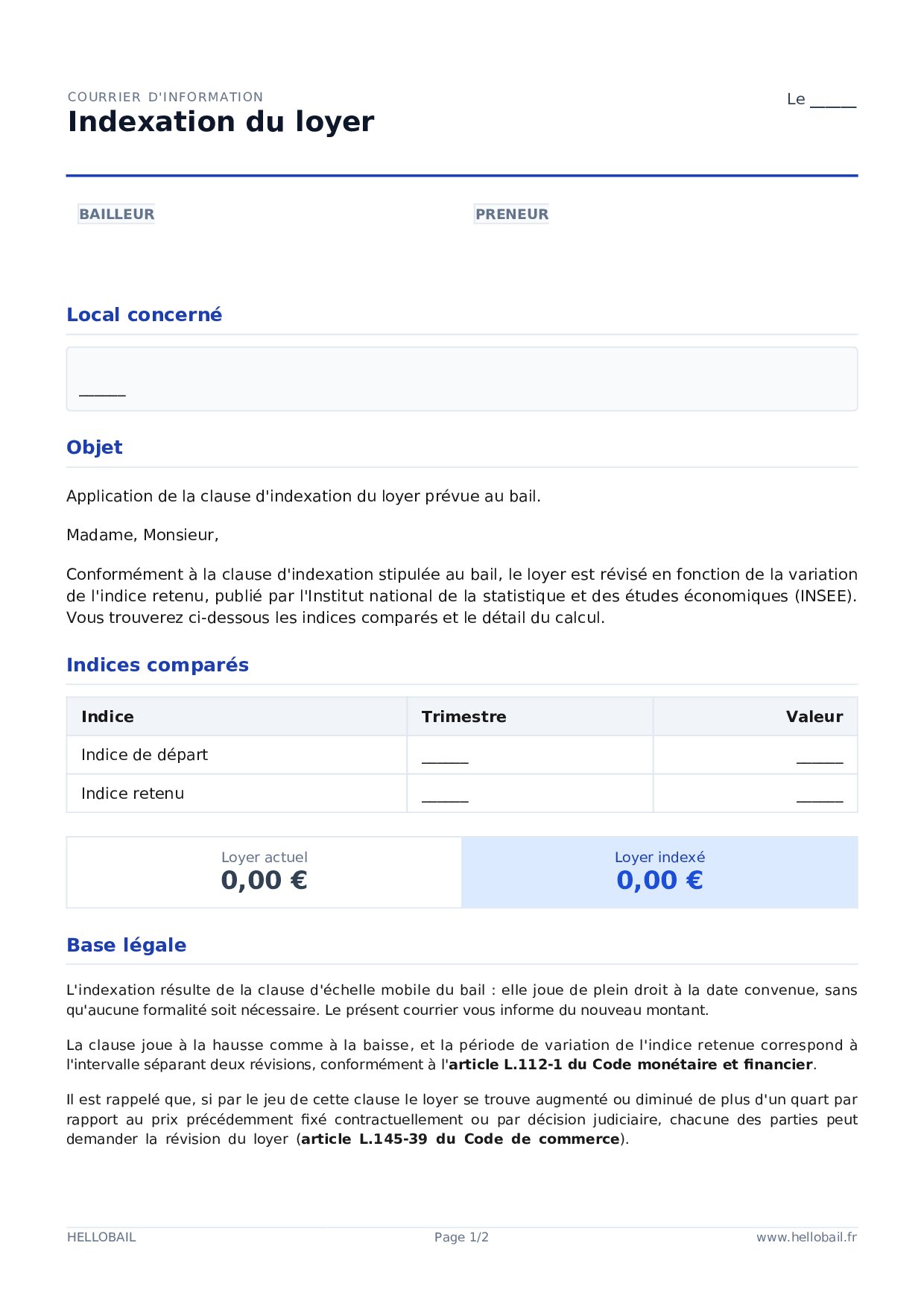 Aperçu du document Courrier d'indexation du loyer