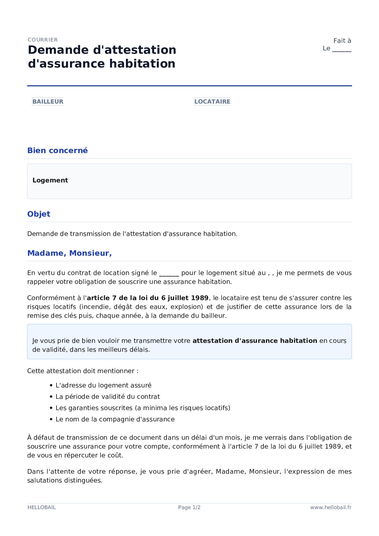Demande d'attestation d'assurance habitation