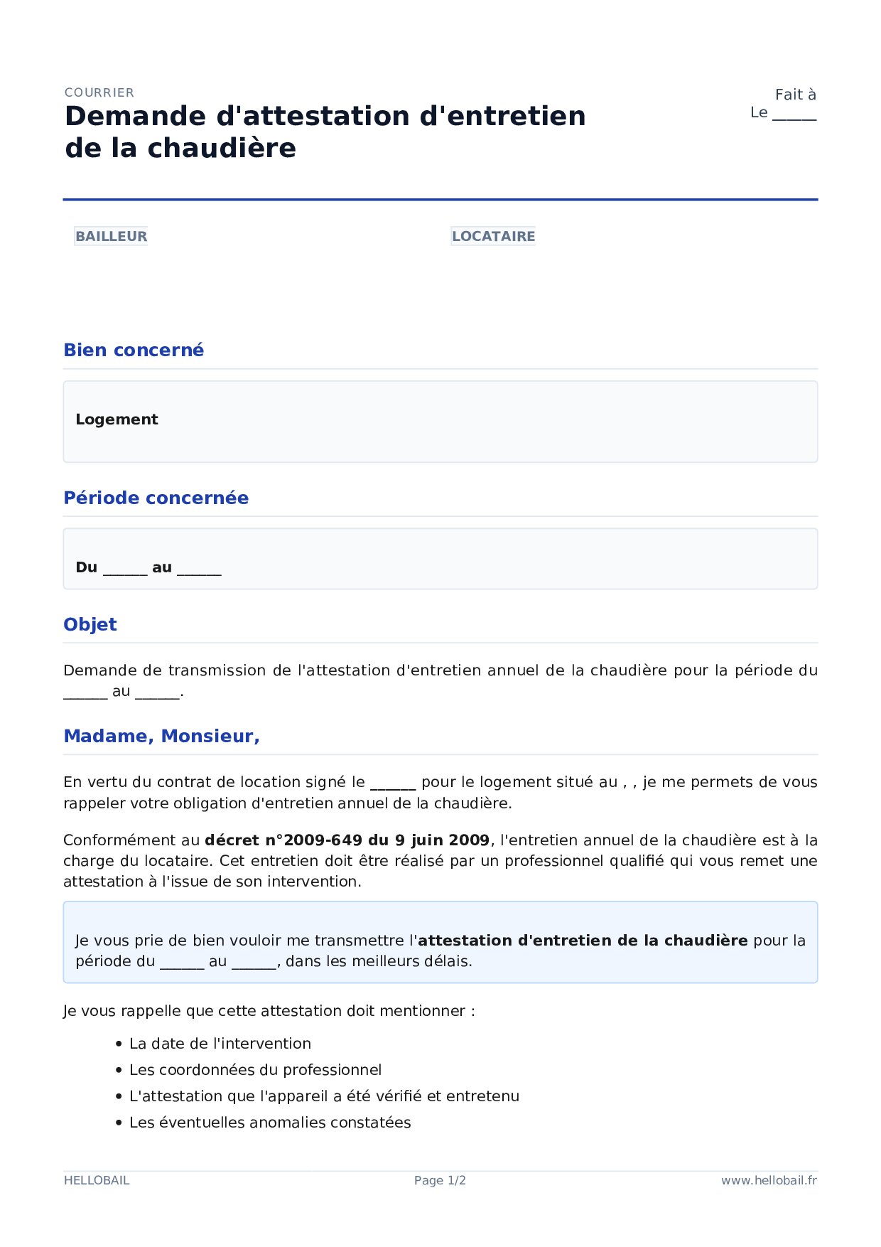 Demande d'attestation d'entretien de la chaudière