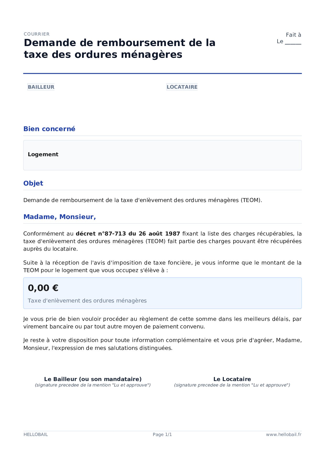 Demande de remboursement de la taxe des ordures ménagères