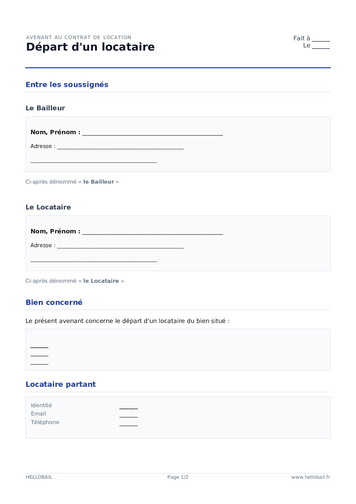 Avenant de départ d'un locataire
