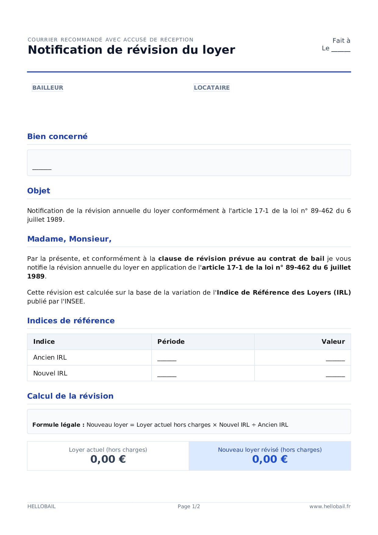 Courrier de révision de loyer