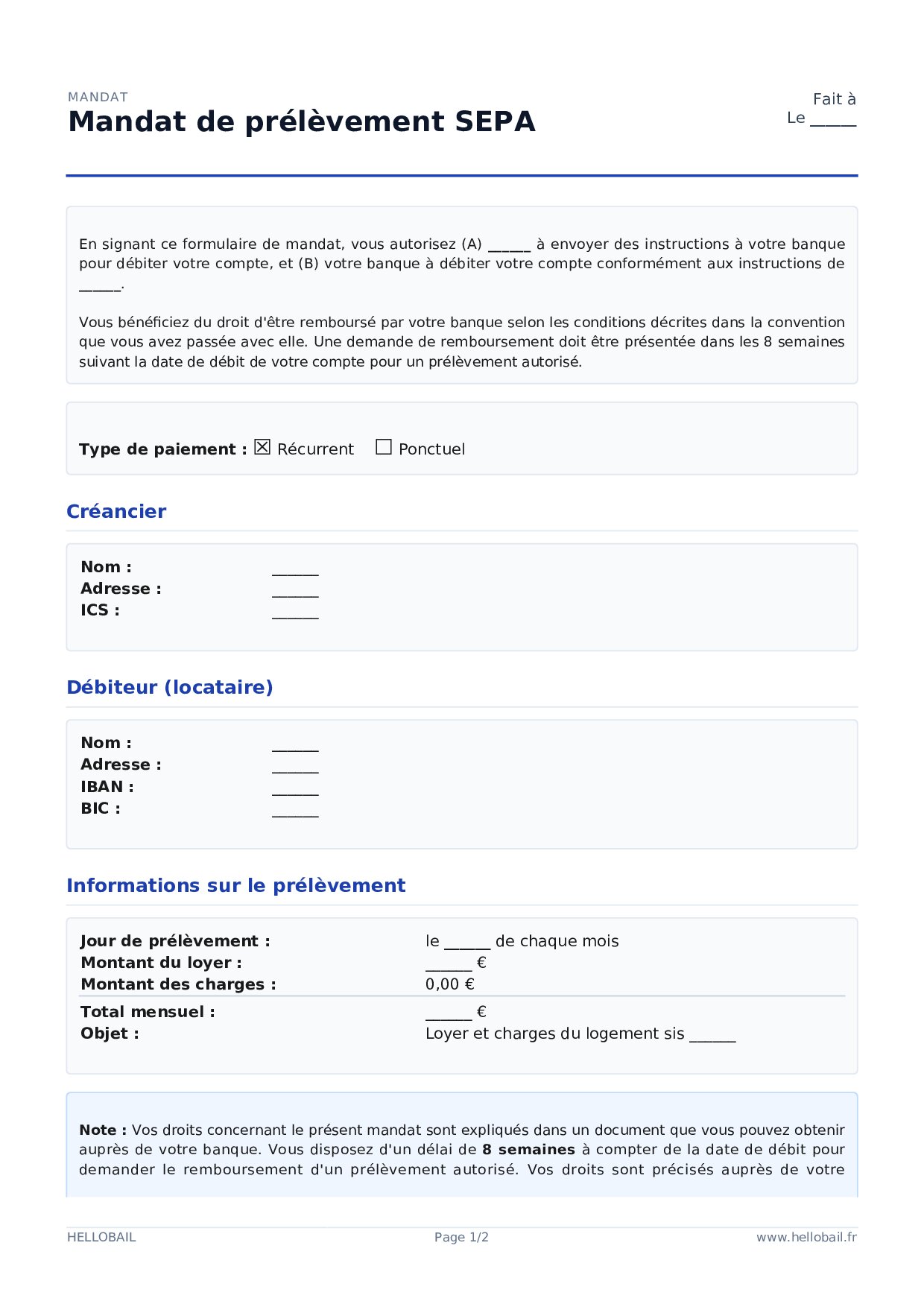 Mandat de prélèvement SEPA locataire