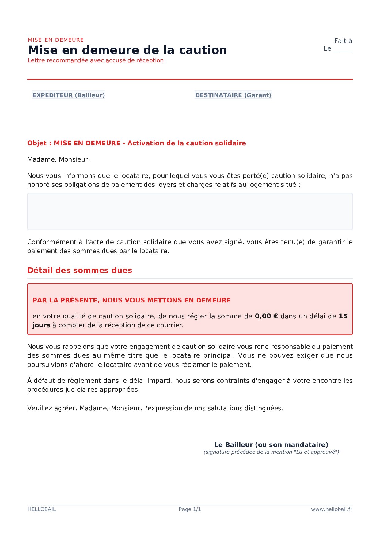 Mise en demeure pour loyers impayés (garant)