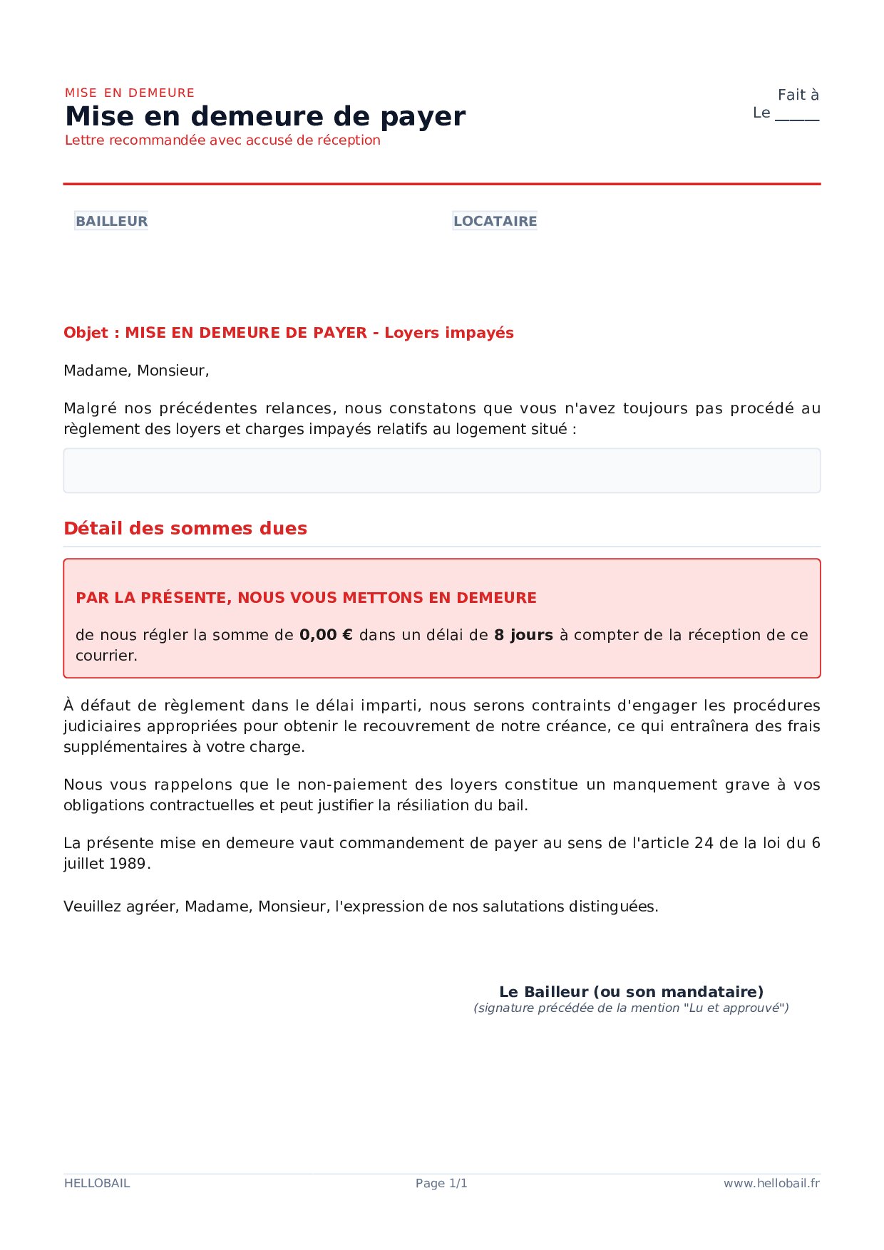 Mise en demeure pour loyers impayés (locataire)