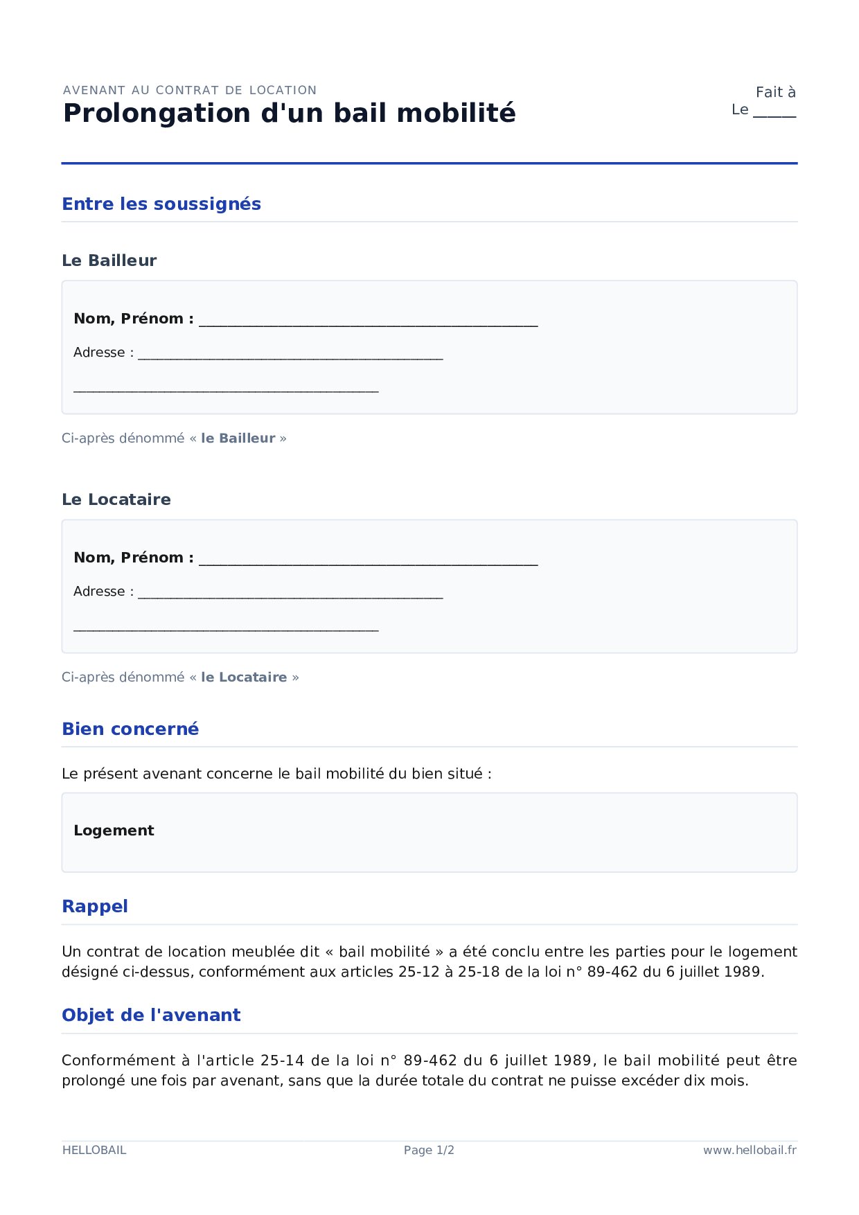 Avenant de prolongation du bail mobilité