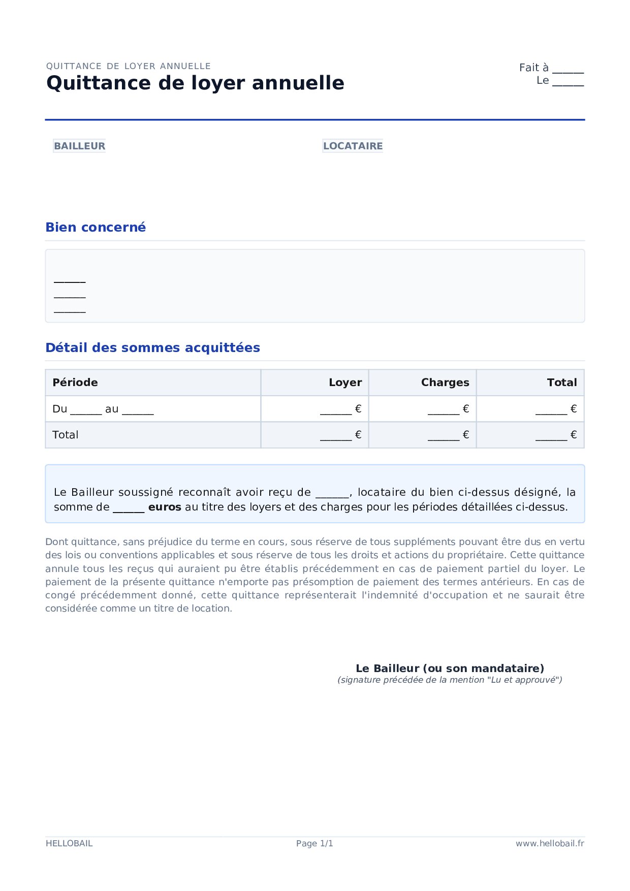 Quittance de loyer annuelle