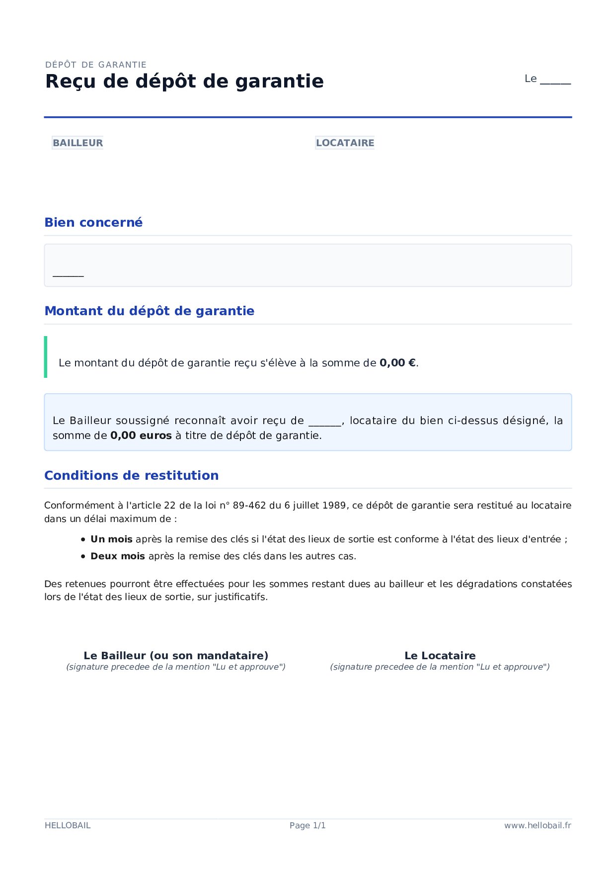 Reçu du dépôt de garantie