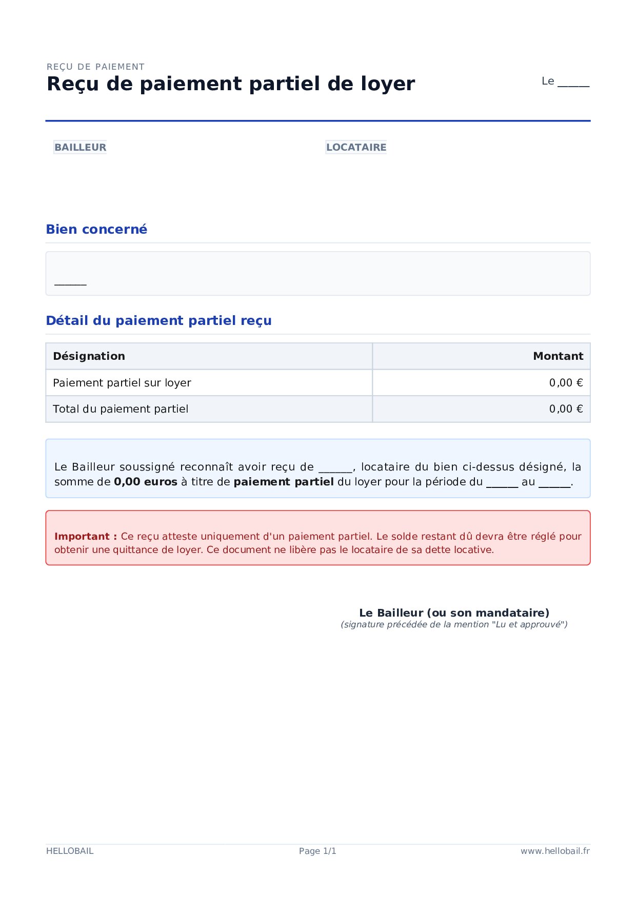 Reçu de paiement partiel de loyer