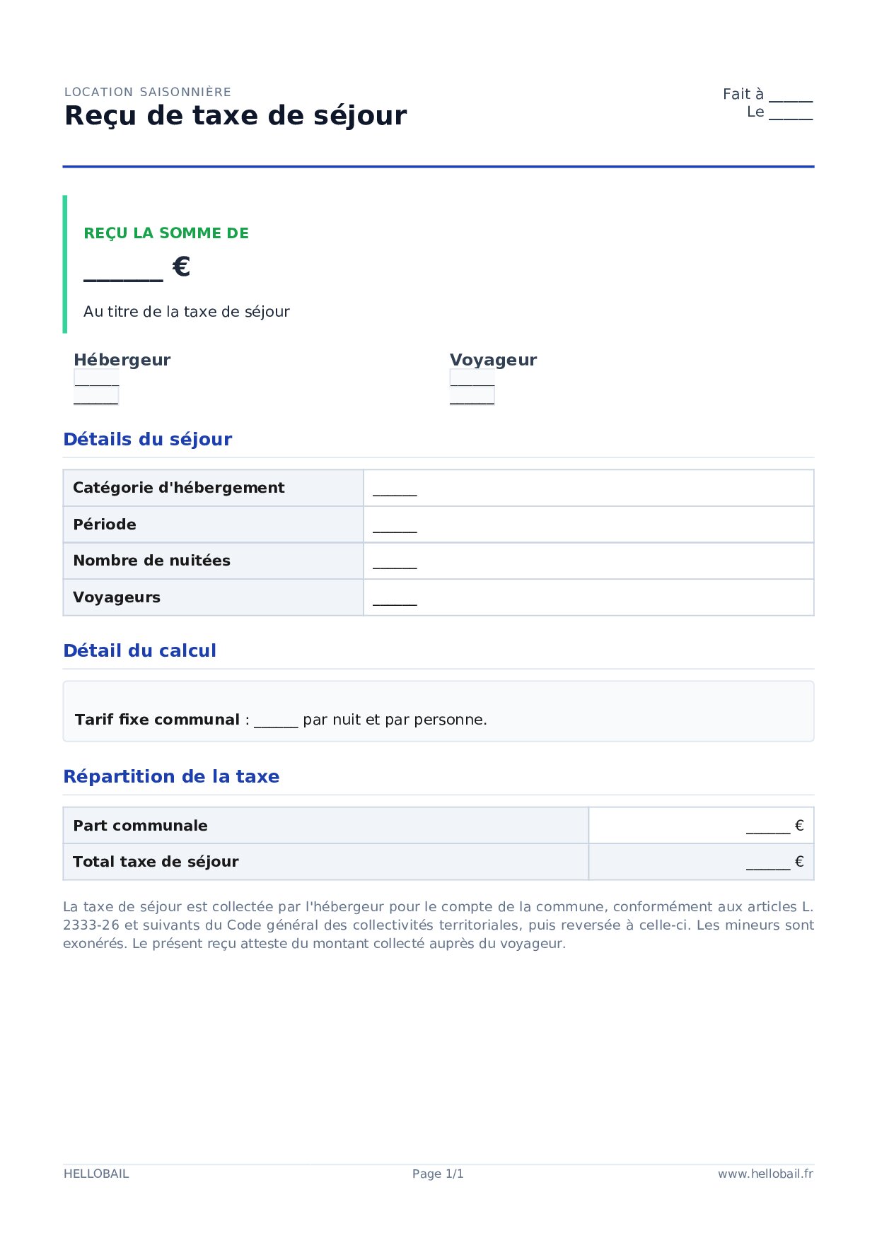Reçu de taxe de séjour
