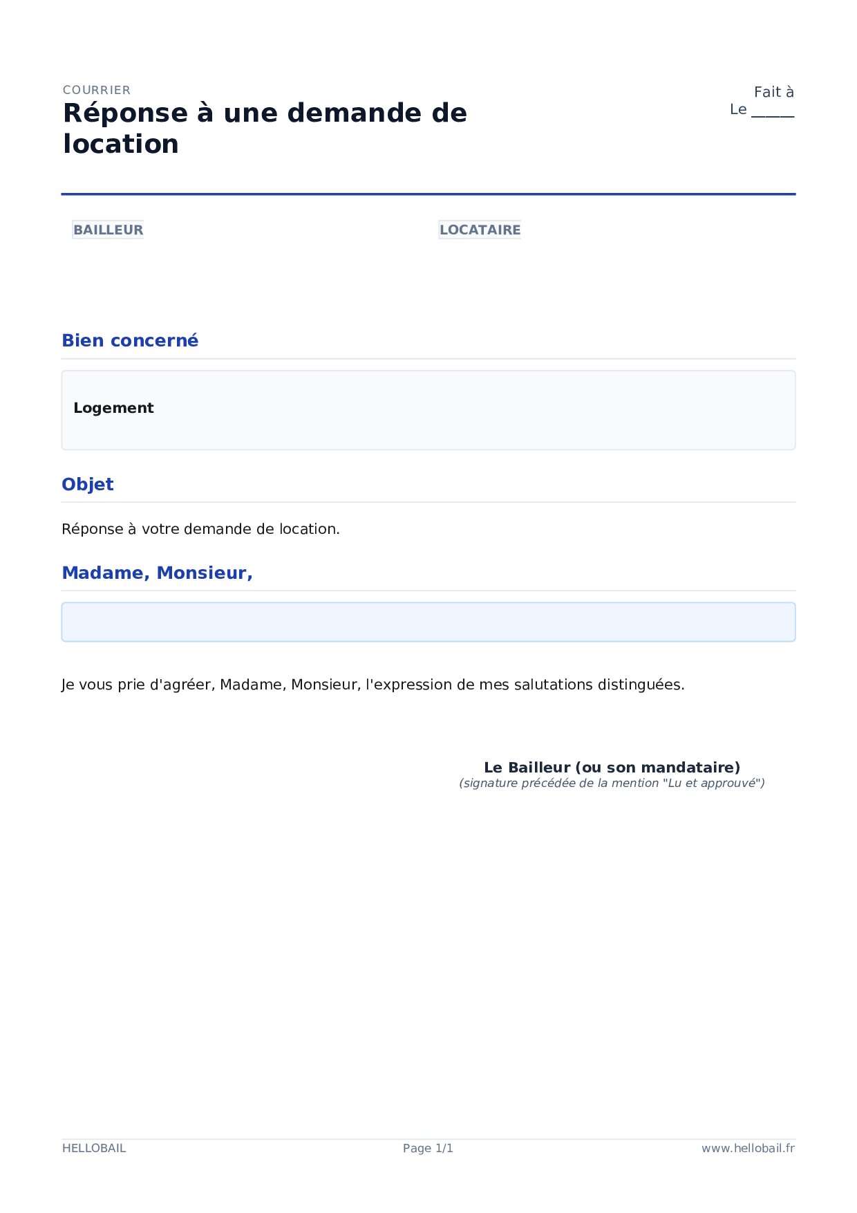 Modèle de réponse négative pour la location d'un logement