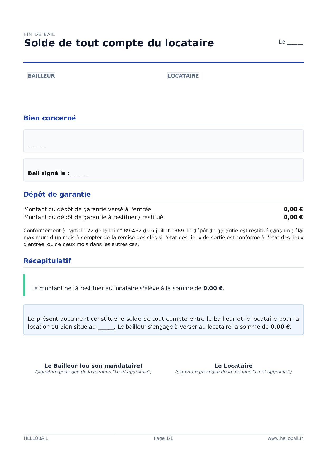 Solde de tout compte du locataire